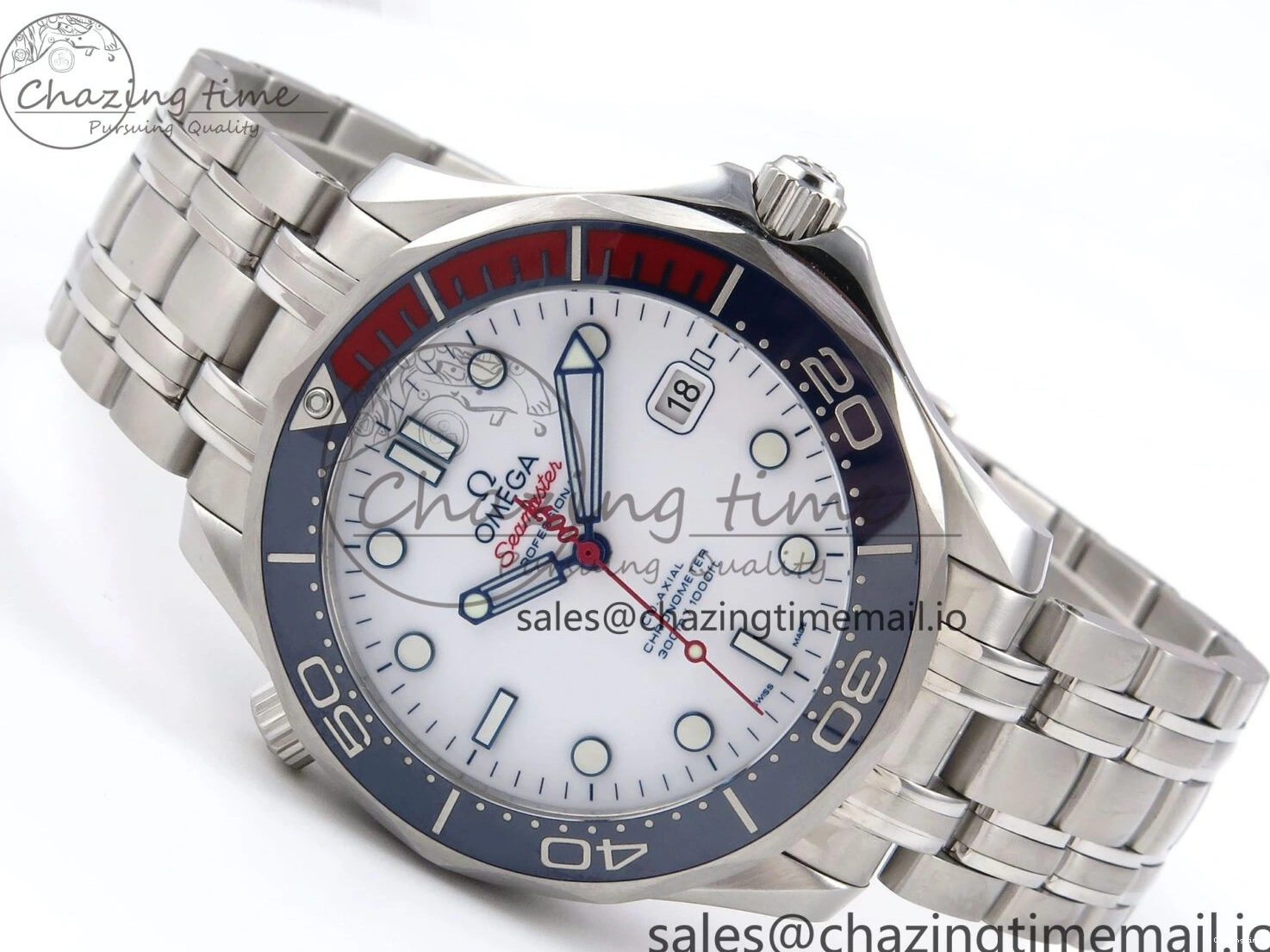 0409 HighQuality Seamaster Diver 300M OMF 1:1 Best Edition Blue Red Ceramic White Dial on SS Bracelet A 7705